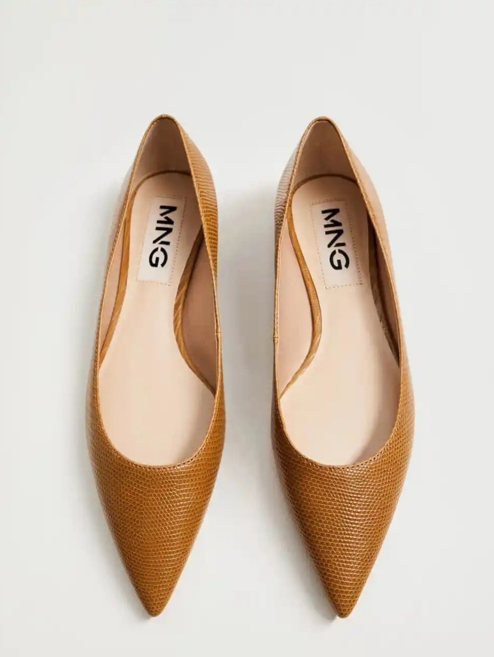 Mango Pointed Toe Flats in Cognac Brown